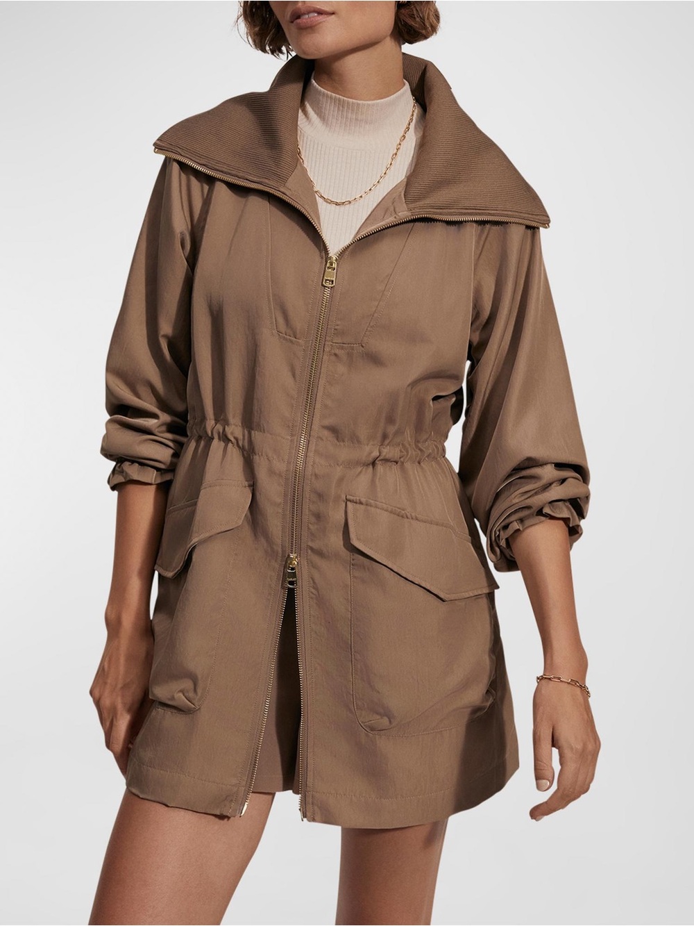 Varley Alison Jacket Shimmer Twill Nylon Longline Jacket in Warm Taupe